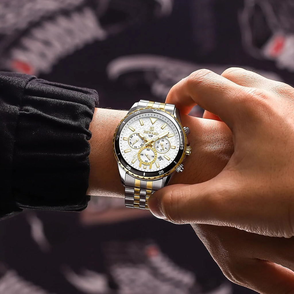 ساعة يد رجالية فاخرة من REWARD، كوارتز ذهبي وأبيض - مضيئة، متعددة الوظائف، حزام من الفولاذ المقاوم للصدأ، مقاومة للماء حتى عمق 30 مترًا، مثالية للرجل الأنيق ورجال الأعمال والملابس الكاجوال، ساعة فاخرة